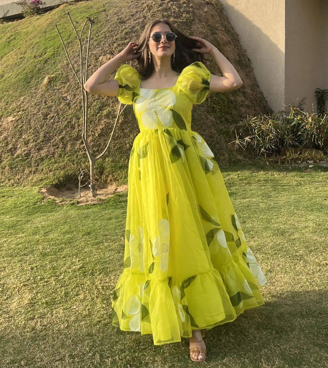 MK Neon Floral Maxi Organza Printed Designer Gown Catalog